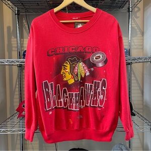 Vintage Chicago Blackhawks Sweatshirt Mens Large NHL Paint Splattered Crew Neck